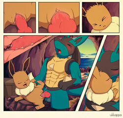 abs anthro blue_fur blush brown_fur canine_penis comic eevee erection female feral fur indoors interspecies lucario male muscles nude penis pokemon pokemon_(species) pussy sex size_difference straight tagme testicles ukkappa