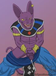 2013 anthro anthro_only beerus boner bottomwear cat clothed clothing cum dragon_ball dragon_ball_super earring ejaculation erection feline licking_lips male male_only masturbation pants penis purple_body solo two-handed_masturbation ukent