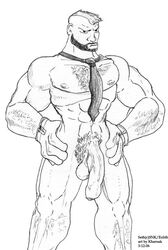 1boy 2006 bara black_and_white blank_background facial_hair gay hairy human kharnak king_of_fighters male male_only monochrome muscle nude penis pubic_hair seth_(kof) simple_background sketch snk solo source_request tagme testicles tie white_background yaoi