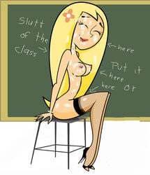 1girls blackboard blonde_hair breasts classroom covered_in_cum danny_phantom edit female female_only happy_female high_heels human naked_footwear naked_heels naked_stockings naked_thighhighs nickelodeon nude school sftoon smile solo star_(danny_phantom) stockings thighhighs