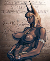 1girls anubis areola artist_request bangs belt big_breasts blonde_hair breasts cone_breasts dark-skinned_female dark_skin egyptian_mythology female fringe hieroglyphics hieroglyphs huge_breasts jackal_ears jewelry jewels large_breasts looking_at_viewer mythology nipples pointy_breasts pointy_ears pointy_nipples ribs rule_63 solo tagme topless unknown_artist