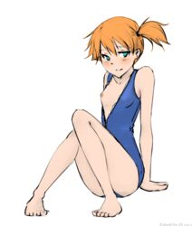 2013 beige_skin blue_eyes breasts clothing color female female_only hair human human_only kasumi_(pokemon) monorus nipples one_breast_out orange_hair pokemon skin small_breasts smile solo swimsuit