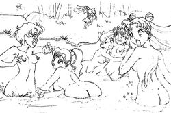 ami_mizuno ass bishoujo_senshi_sailor_moon bow breasts chibi_usa dave_yerushalaim female female_only human makoto_kino minako_aino monochrome multiple_females nipples nude outdoors rei_hino sketch small_breasts usagi_tsukino vulva water