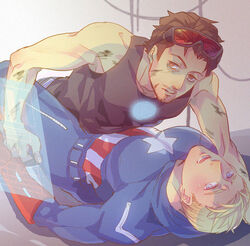 2boys avengers black_hair blonde_hair blue_eyes brown_eyes captain_america clothed gay iron_man male male_only marvel multiple_boys muscles steve_rogers tony_stark yaoi