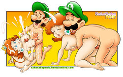 ass breasts brown_hair color cum cumshot doggy_style facial_hair female hair hat human human_on_human insertion luigi male mario_(series) moustache multiple_images nintendo nude paizuri penis princess_daisy round_ears sakurakasugano sex straight tagme vulva