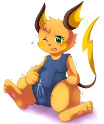 barefoot bulge clothes cum fur green_eyes male male_only orange_fur pokemon pokemon_(species) raichu ruugiaruu sitting solo swimsuit tagme tail wink