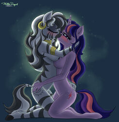 2girls anthro cutie_mark female female/female friendship_is_magic kissing kneeling long_hair moonlight multicolored_hair my_little_pony straight_hair twilight_sparkle_(mlp) unicorn willisrisque yuri zebra zecora_(mlp)