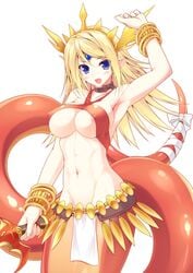 beige_skin bindi blonde_hair blue_eyes blush bracelet breasts clothes color cute_fang echidna_(p&d) female female_only front_view hair holding holding_sword jewelry lamia looking_at_viewer navel open_eyes open_mouth overhand_grip pointy_ears puzzle_&_dragons raised_arm ribbon skimpy_clothes solo sword tail tail_ribbon weapon white_background