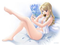 blonde_hair cup drinking feet female_only lowres mireille_bouquet noir_(anime) solo solo_female tagme toes white_background