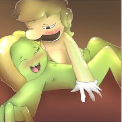 blush brown_hair color facial_hair green_skin hair human interspecies luigi male male_only mario_(series) mario_and_luigi_(series) moustache multiple_males nintendo nipples nude penis prince_peasley tagme yaoi