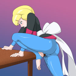 1girls ass blonde_hair female female_only frontier_brain game_freak greenninja greta_(pokemon) human masturbation nintendo pokemon pokemon_rse sash short_hair solo table tagme yellow_hair