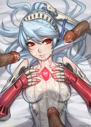 blue_hair breasts cum cum_on_face cybernetic_arm cyborg dark-skinned_male disembodied_penis interracial labrys long_hair lying megami_tensei multiple_boys multiple_penises penis persona persona_4 persona_4_arena red_eyes sefuart shin_megami_tensei