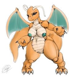 anthro breasts claws dragonite female female_only front_view glaring nipples non-mammal_breasts nude orange_skin pencil_(artwork) pokemon pokemon_(species) scalie solo standing tail the_furfather white_background wings