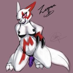 anthro bra breasts claws clothes dildo female female_only front_view fur kneeling nipples pokemon pokemon_(species) red_fur sex_toy solo strap-on tagme the_furfather white_fur zangoose