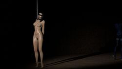 3d 3d_(artwork) ankle_cuffs anklecuffed ashley_williams black_dildo blindfold blindfolded blindfolded_female chain chained_neck completely_naked completely_naked_female completely_nude completely_nude_female dildo dildo_in_pussy handcuffed handcuffs hanged mass_effect mass_effect_3 miranda_lawson mouth_gag noobsfm open_mouth_gag tagme