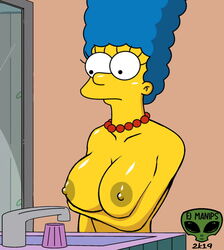 1girls areolae big_breasts blue_hair breasts female fjm marge_simpson mirror nipples nude nude_female posing solo tagme the_simpsons thinking yellow_skin