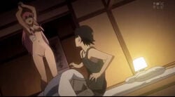 amano_yukiteru axe bandage black_hair edit female futon gasai_yuno lamp long_hair mirai_nikki naked night nipples pink_hair scared screencap short_hair tagme tank_top