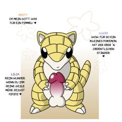 balls erection feral front_view german_text kleiner_fuchs male male_only nintendo nude penis pointy_ears pokémon_(species) pokemon pokemon_(species) sandshrew scales solo standing tail testicles text white_skin