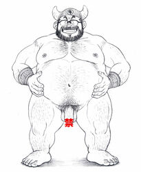 1boy belly big_belly censored dragon_ball dragon_ball_z fat fat_man flaccid gyuumaou_(dragon_ball) male male_only moheji monochrome nude obese obese_male overweight overweight_male ox_king solo solo_male tagme