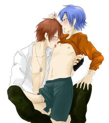 2boys alexy blue_hair blush gay handjob kentin licking_nipples male_only my_candy_love nipples partially_clothed tagme trembling white_background yaoi