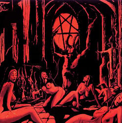 anal blood blood_from_eyes blood_on_body blood_on_face breasts corpse corruption costume cross demon demons devil female habit horns implied_object_insertion knife_in_pussy male monochrome multiple_demons multiple_girls nude nun nun_costume penis pentagram red_theme satan solo_male stabbed statue whip