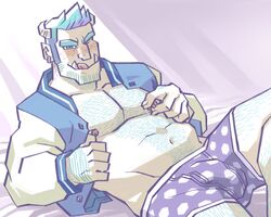 1boy artist_request bara boxer_briefs disney facial_hair hairy human humanized male male_only monsters_inc monsters_university muscle open_shirt partially_clothed pixar solo source_request sulley tagme underwear