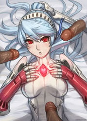 1girls 3boys blue_hair breasts cybernetic_arm cyborg dark-skinned_male foursome interracial labrys long_hair lying megami_tensei multiple_boys multiple_penises penis persona persona_4 persona_4_arena red_eyes robot_girl sefuart