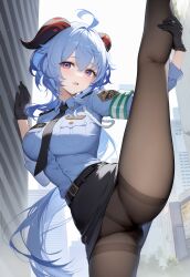 1girls ai_generated ass big_breasts blue_hair ganyu_(genshin_impact) genshin_impact hi_res horn legwear long_hair nipples outdoors panties pantyhose police_uniform pussy rainyshst voluptuous