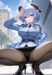 1girls ai_generated ass big_breasts blue_hair ganyu_(genshin_impact) genshin_impact hi_res high_heels horn legwear long_hair nipples outdoors panties pantyhose police_uniform pussy rainyshst voluptuous