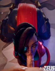 1boy 1girls 3d all_fours athletic_female black_hair clothed_female_nude_male dark-skinned_female dark_skin dreadlocks fellatio green_eyes human interracial league_of_legends light-skinned_male male oral oral_sex partially_clothed penis pov riot_games senna_(league_of_legends) sex watermark zis2nsfw