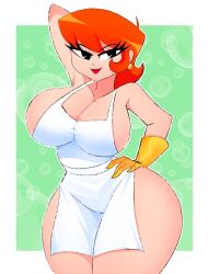 1milf 2023 apron arm_behind_head black_eyes bubbles busty cartoon_network curvaceous curvy dexter's_laboratory dexter's_mom earring female gloves green_background hand_on_hip hourglass_figure huge_breasts light-skinned_female looking_at_viewer mature_female milf mother orange_hair pose red_lipstick sideboob smile smiling smiling_at_viewer solo standing thick_thighs twitter twitter_link western_cartoon white_apron wide_hips xan-gelx(xan) yellow_gloves