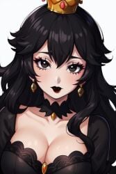 1girls ai_generated black_choker black_clothing black_dress black_eyebrows black_eyes black_hair black_lipstick breasts choker cleavage clothed clothing crown dark_peach_(splatodyssey) dress earrings female female_only goth goth_girl lipstick looking_at_viewer mario_(series) matching_hair/eyes nintendo non-nude non_nude perchance_ai princess_peach solo splatodyssey super_mario_bros.