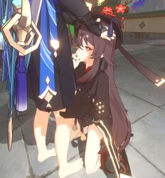 1boy 1girls 3d blowjob brown_hair fellatio flower-shaped_pupils genshin_impact hu_tao_(genshin_impact) scaramouche_(genshin_impact) standing standing_blowjob sucking_penis thighs