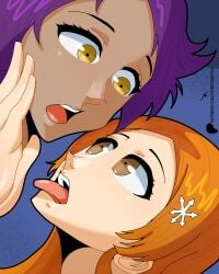 2girls bleach bleach:_the_thousand-year_blood_war brown_eyes cum_from_mouth female female_only inoue_orihime multiple_girls orange_hair pichichi purple_hair shihouin_yoruichi source_removed tongue_out yellow_eyes yuri