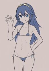 1girls ass_visible_through_thighs bikini blue_eyes blue_hair breasts female female_only fire_emblem fire_emblem_awakening flat_chest long_hair looking_at_viewer lucina_(fire_emblem) micro_bikini nintendo small_breasts smile solo swimsuit thighs vynx waving waving_at_viewer