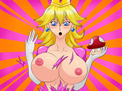 1girls big_breasts blue_eyes blush breast_expansion breasts bursting_breasts bust clothes crown curvy earrings elbow_gloves female female_only front_view gloves huge_breasts human large_breasts light-skinned_female light_skin long_hair looking_at_own_breasts mario_(series) mushroom nintendo nipples open_mouth pink_nipples princess_peach solo super_mushroom surprised torn_clothes torn_dress war-off-evil white_gloves