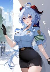 1girls ai_generated ass big_breasts blue_hair ganyu_(genshin_impact) genshin_impact hi_res horn legwear long_hair nipples outdoors panties police_uniform pussy rainyshst voluptuous