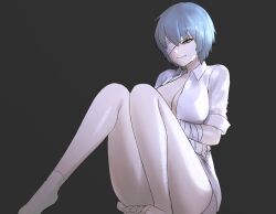 1girls angela_(library_of_ruina) bandage big_breasts blue_hair cleavage library_of_ruina open_clothes pale-skinned_female pale_skin project_moon short_hair sitting thighs yellow_eyes