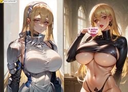 1girls ahe_gao ai_generated aiz_wallenstein armor big_breasts bimbo bimbo_body blonde_hair dungeon_ni_deai_wo_motomeru_no_wa_machigatteiru_darou_ka heavenrb huge_breasts long_hair looking_at_viewer mature_female queen_of_spades queen_of_spades_tattoo sex standing underwear yellow_eyes