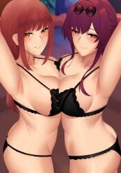 2girls armpits big_breasts black_bra black_panties bottomwear bra breast_to_breast breasts chainsaw_man cleavage female female_only finnjson glasses_on_head hair hands_behind_head headwear honkai:_star_rail huge_breasts kafka_(honkai:_star_rail) makima_(chainsaw_man) multiple_girls panties purple_eyes purple_hair red_hair smile topwear underwear yellow_eyes