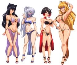 4girls belly_dancer belly_dancer_outfit black_hair blake_belladonna blonde_hair cleavage female female_only harem harem_girl harem_outfit high_heels human multiple_girls omiiverse pearl_thong red_hair revealing_clothes ruby_rose rwby weiss_schnee white_background white_hair yang_xiao_long