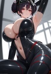 ai_generated arm_up armpit belly_button big_breasts black_latex breasts female goddess_of_victory:_nikke hypet latex latex_bodysuit latex_suit quency_(escape_queen)_(nikke) shiny shiny_clothes shiny_skin sitting solo tagme thick thick_ass thick_legs thick_thighs thighs wet wet_body