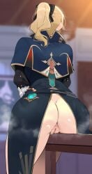 1girls ass clothing edit edited female female_only genshin_impact high_resolution huge_ass jean_gunnhildr looking_away masturbation no_panties okpriko pussy pussy_juice sitting solo solo_female table_humping thighs