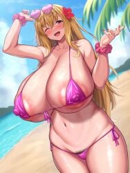 1girls areolae bikini blush breasts female female_only huge_breasts looking_at_viewer open_mouth ponchi_(menchi0925) solo