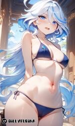 abdomen abdomen_bite ai_generated bangs bangs_over_eyes bite bite_mark bite_navel blue_bra blue_eyes blue_hair blue_lingerie blue_panties blush furina_(genshin_impact) genshin_impact illyfurina lingerie long_hair looking_at_viewer navel pale-skinned_female pale_skin seductive seductive_eyes seductive_look seductive_mouth thighs waist