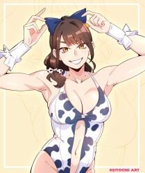 1girls armpits brown_eyes brown_hair cow_print keitoonsart large_breasts navel original smile swimsuit teeth yellow_background