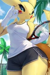 3_fingers anthro bandai_namco black_sclera blue_eyes breasts clothed clothed_female clothing collarbone digimon digimon_(species) disguise female furry ozoneserpent pikachu renamon shorts small_breasts sticker sticker_on_face stickers stickers_on_face tail tennis_racket tennis_uniform thick_thighs white_fur wide_hips yellow_body yellow_fur