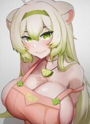 1girls ahoge animal_ears breasts female ferret ferret_girl functionally_nude functionally_nude_female green_eyes green_headband green_highlights headband huge_breasts indie_virtual_youtuber laimu large_breasts lime long_hair looking_at_viewer multicolored_hair necklace overalls pink_clothing sae_art simple_background solo strap_slip sweat sweat_on_breasts sweatdrop sweating sweaty sweaty_body sweaty_breasts vinesauce virtual_youtuber vtuber wet_skin white_background white_hair