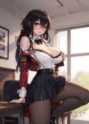 1futa 1girls ai_generated azur_lane big_breasts black_hair black_skirt futanari glasses hand_on_breast hi_res legwear long_hair penis puffyart red_eyes school_uniform skirt skirt_lift student taihou_(azur_lane) taihou_(sweet_time_after_school)_(azur_lane) thick_thighs voluptuous