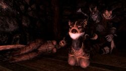 1boy 2girls bondage bound bound_ankles bound_wrists cloth_gag clothed_male_nude_female completely_nude completely_nude_female furry gag gagged hogtie khajiit m7seven male mod nude nude_female nude_mod skyrim